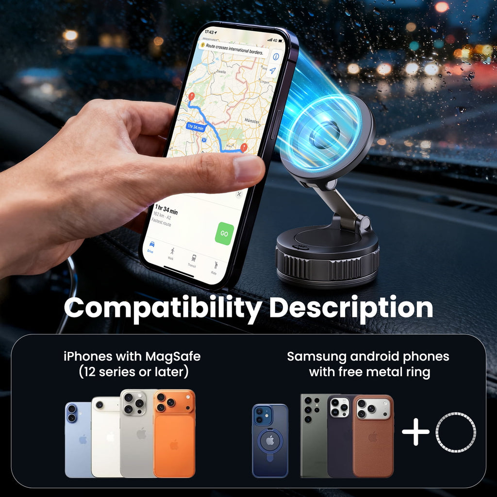 Mag-Safe 360° Adjustable Car Phone Holder - Compatible with iPhone 17 Pro Max, 16, 15, 14, 13, 12 & Air Plus - Essential Car Accessory