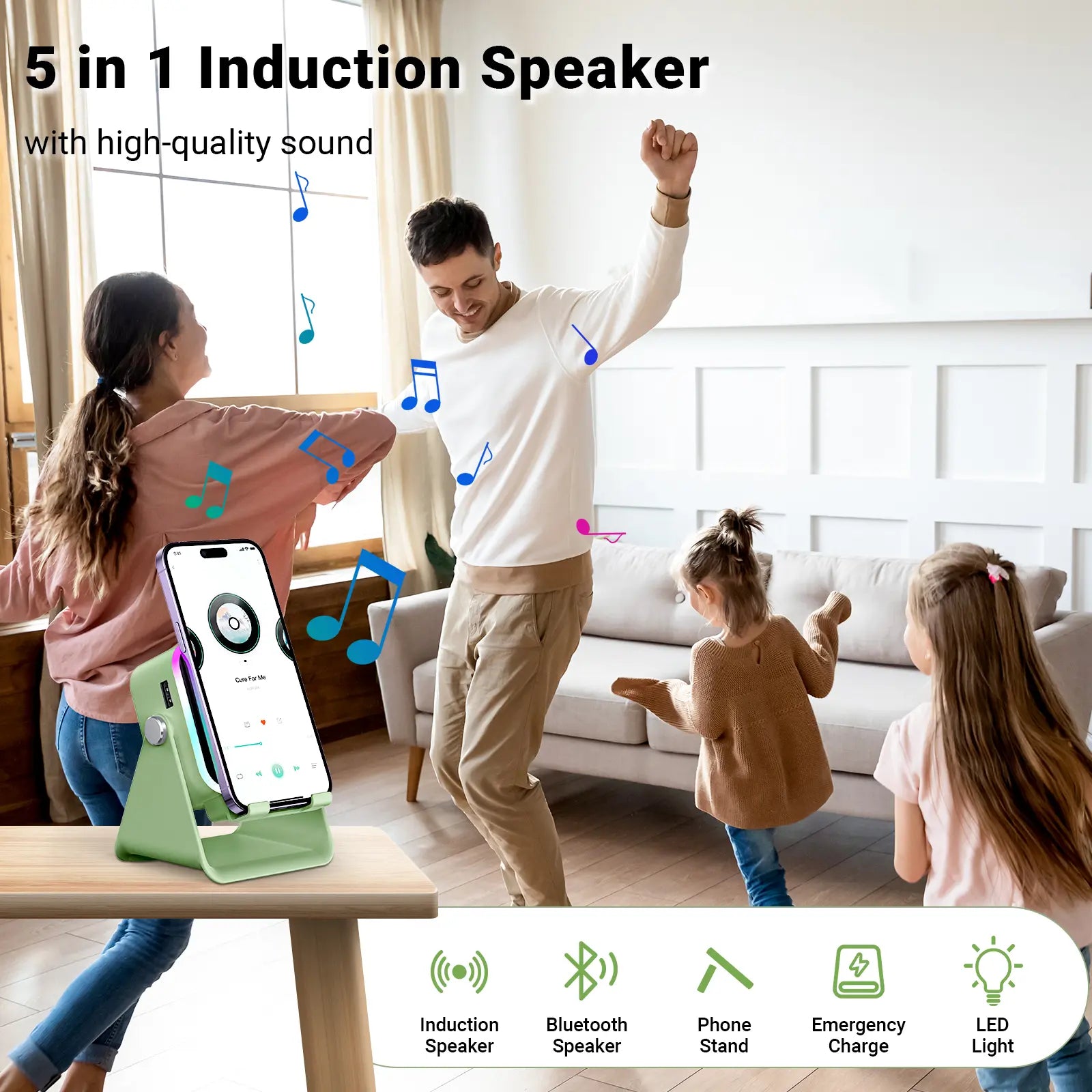 PUTARE 5-in-1 Wireless Induction Audio Speaker Stand - 3500mAh Power Bank & 360° Adjustable Cellphone Holder with Colorful Ambient Light - Perfect Gift for Men & Women!