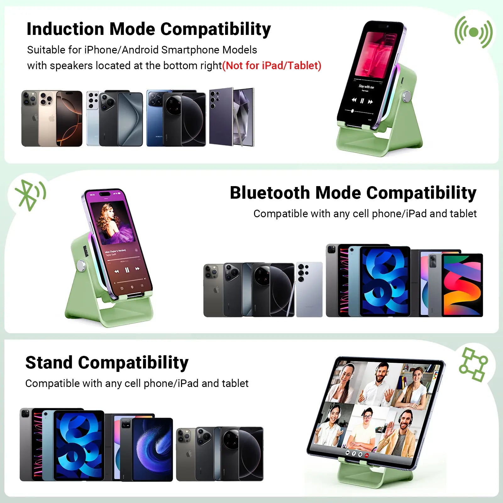 PUTARE 5-in-1 Wireless Induction Audio Speaker Stand - 3500mAh Power Bank & 360° Adjustable Cellphone Holder with Colorful Ambient Light - Perfect Gift for Men & Women!