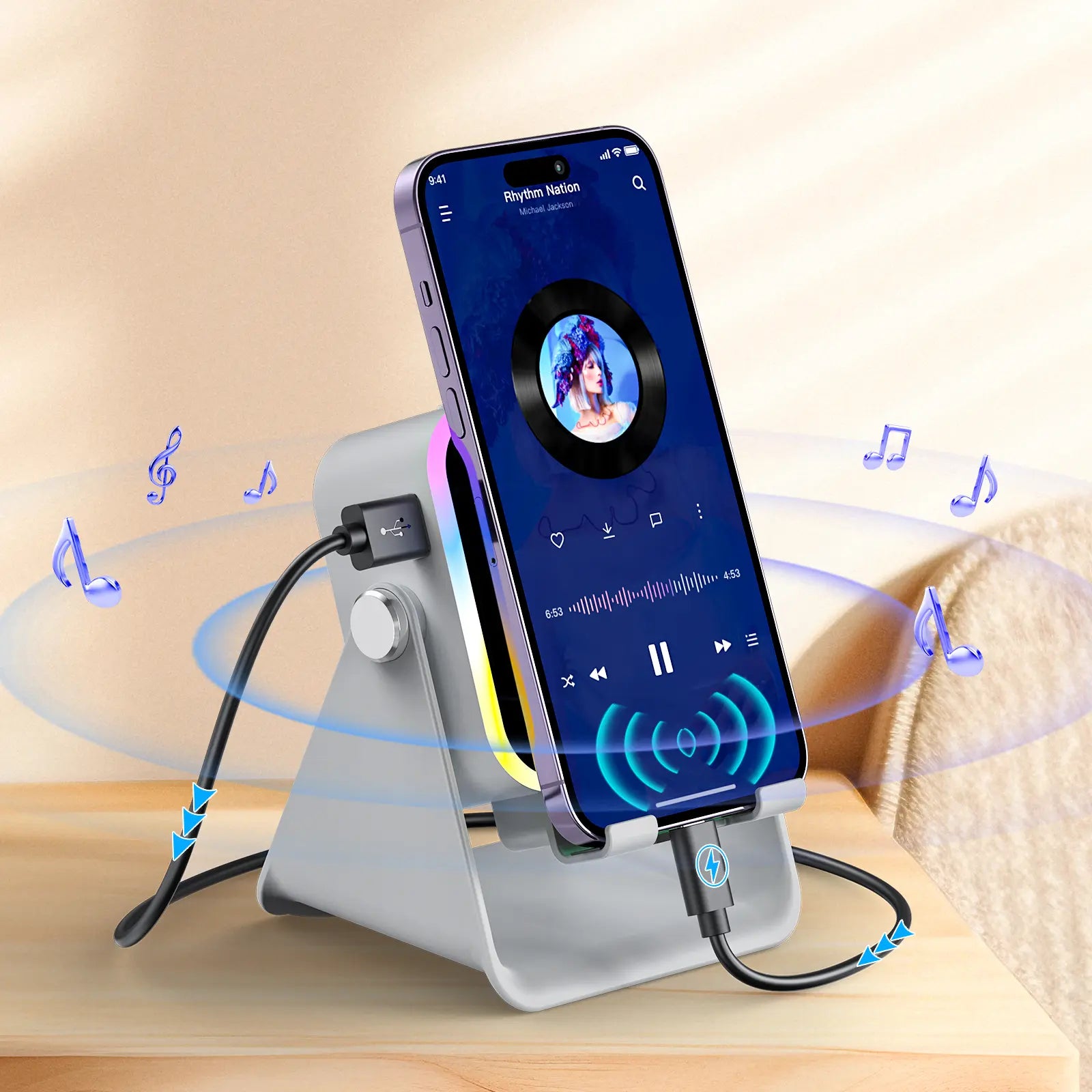 PUTARE 5-in-1 Wireless Induction Audio Speaker Stand - 3500mAh Power Bank & 360° Adjustable Cellphone Holder with Colorful Ambient Light - Perfect Gift for Men & Women!