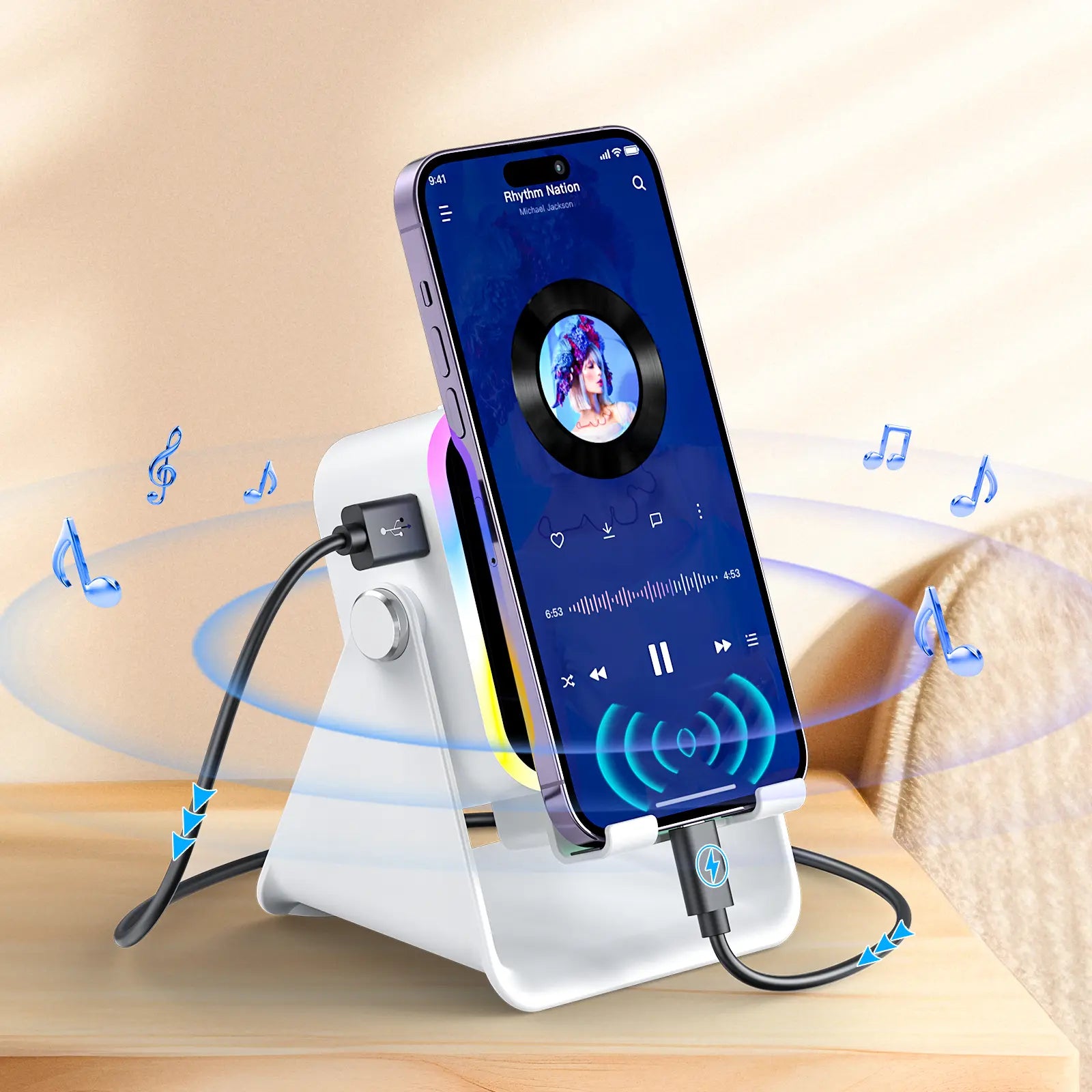 PUTARE 5-in-1 Wireless Induction Audio Speaker Stand - 3500mAh Power Bank & 360° Adjustable Cellphone Holder with Colorful Ambient Light - Perfect Gift for Men & Women!