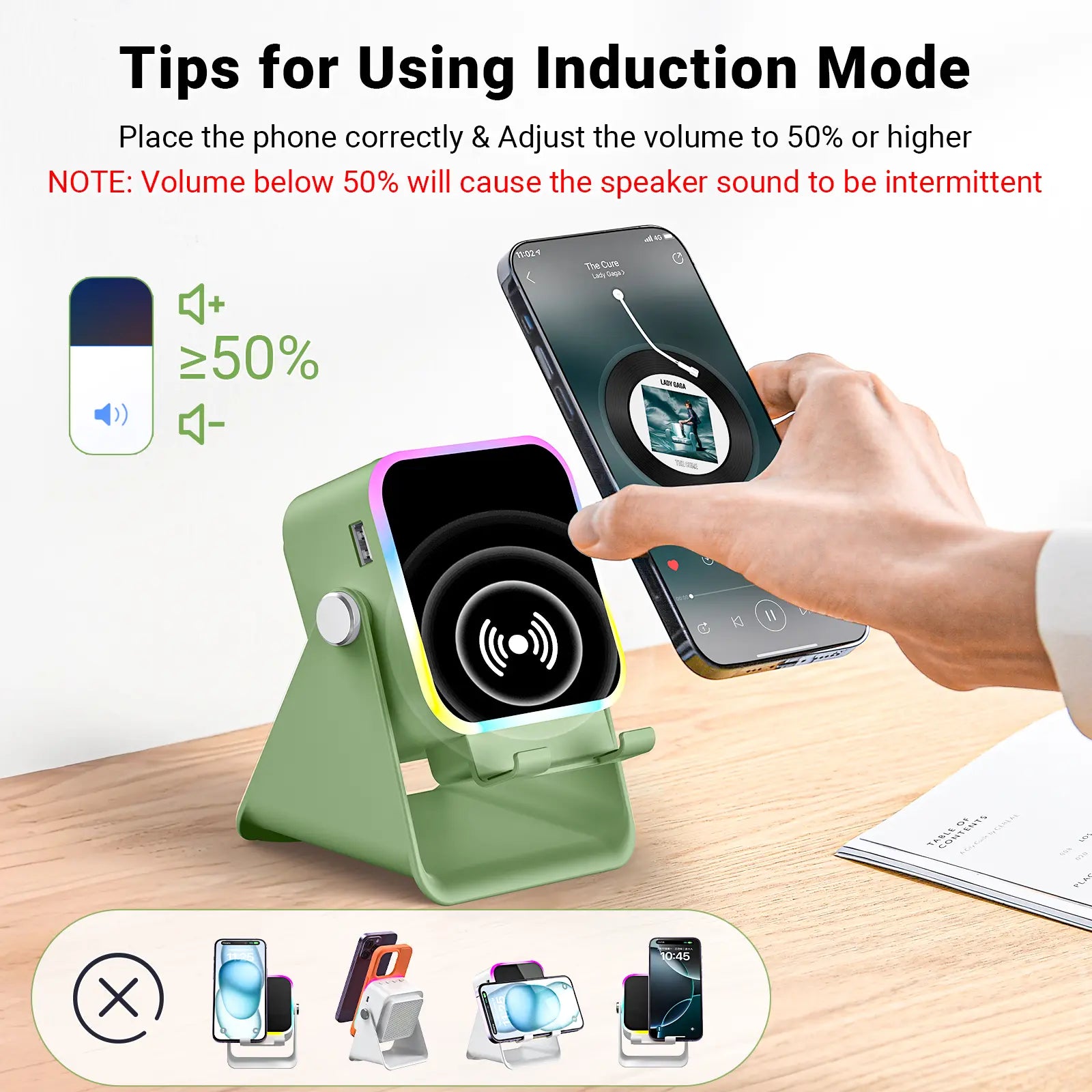 PUTARE 5-in-1 Wireless Induction Audio Speaker Stand - 3500mAh Power Bank & 360° Adjustable Cellphone Holder with Colorful Ambient Light - Perfect Gift for Men & Women!