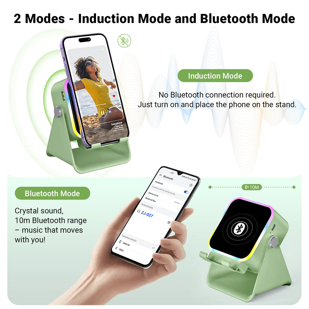 PUTARE 5-in-1 Wireless Induction Audio Speaker Stand - 3500mAh Power Bank & 360° Adjustable Cellphone Holder with Colorful Ambient Light - Perfect Gift for Men & Women!