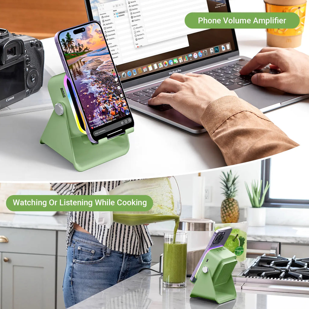 PUTARE 5-in-1 Wireless Induction Audio Speaker Stand - 3500mAh Power Bank & 360° Adjustable Cellphone Holder with Colorful Ambient Light - Perfect Gift for Men & Women!