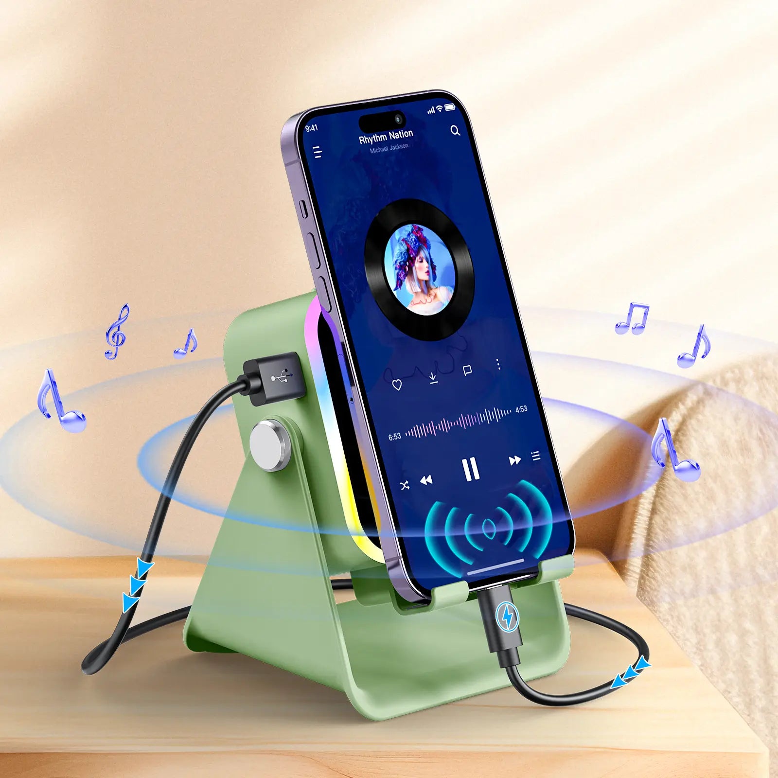 PUTARE 5-in-1 Wireless Induction Audio Speaker Stand - 3500mAh Power Bank & 360° Adjustable Cellphone Holder with Colorful Ambient Light - Perfect Gift for Men & Women!