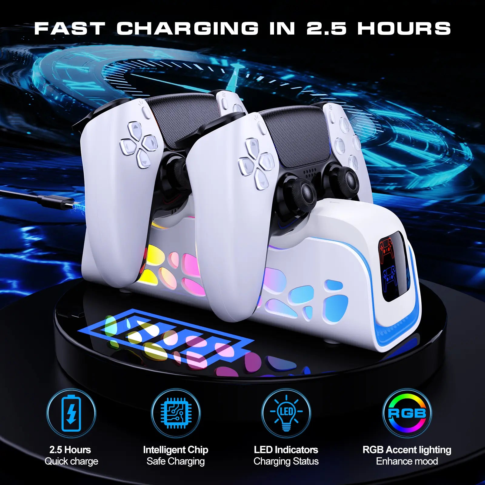 Ukor PS5 DualSense Fast Charging Dock - Rapidly Charge Two Controllers in 2 Hours with Stunning RGB Lighting & Overcharge Protection!
