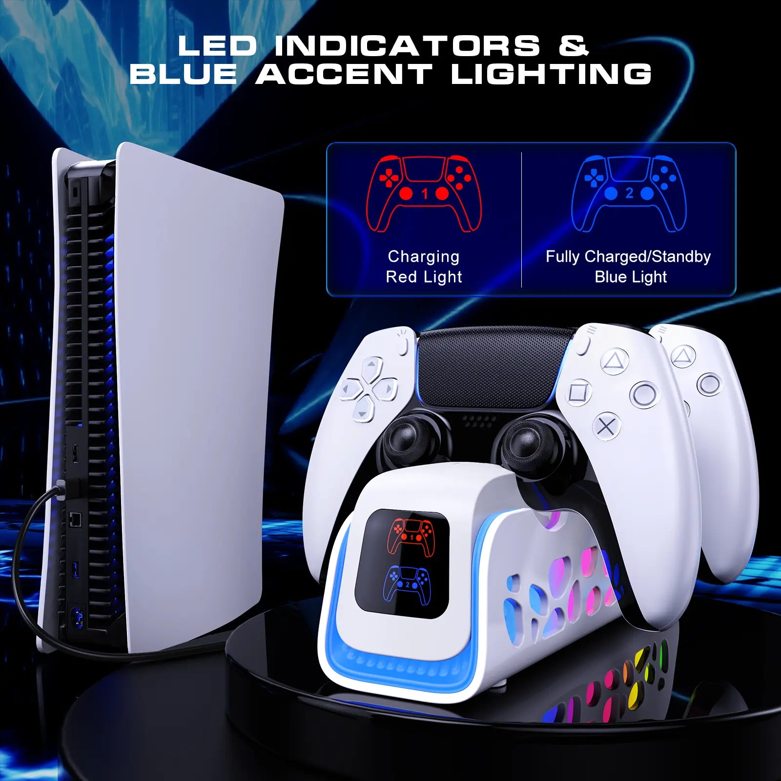 Ukor PS5 DualSense Fast Charging Dock - Rapidly Charge Two Controllers in 2 Hours with Stunning RGB Lighting & Overcharge Protection!