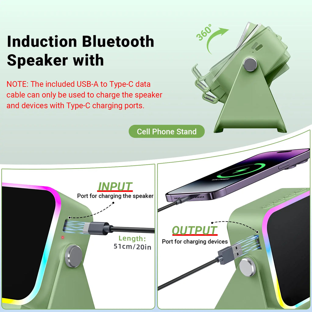 PUTARE 5-in-1 Wireless Induction Audio Speaker Stand - 3500mAh Power Bank & 360° Adjustable Cellphone Holder with Colorful Ambient Light - Perfect Gift for Men & Women!