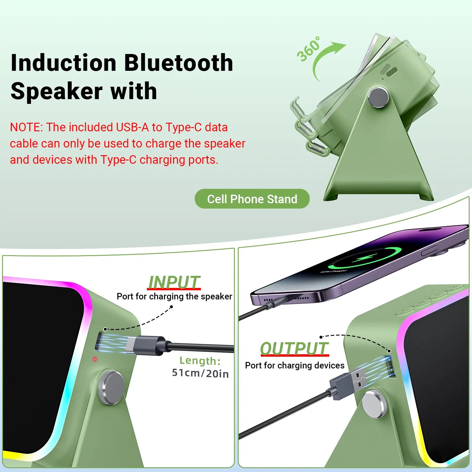 PUTARE 5-in-1 Wireless Induction Audio Speaker Stand - 3500mAh Power Bank & 360° Adjustable Cellphone Holder with Colorful Ambient Light - Perfect Gift for Men & Women!